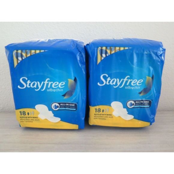 Stayfree Ultra Thin All-In-One Pads, 18 Regular Winged Pads Per Pack, Lot of 2 - Picture 1 of 2